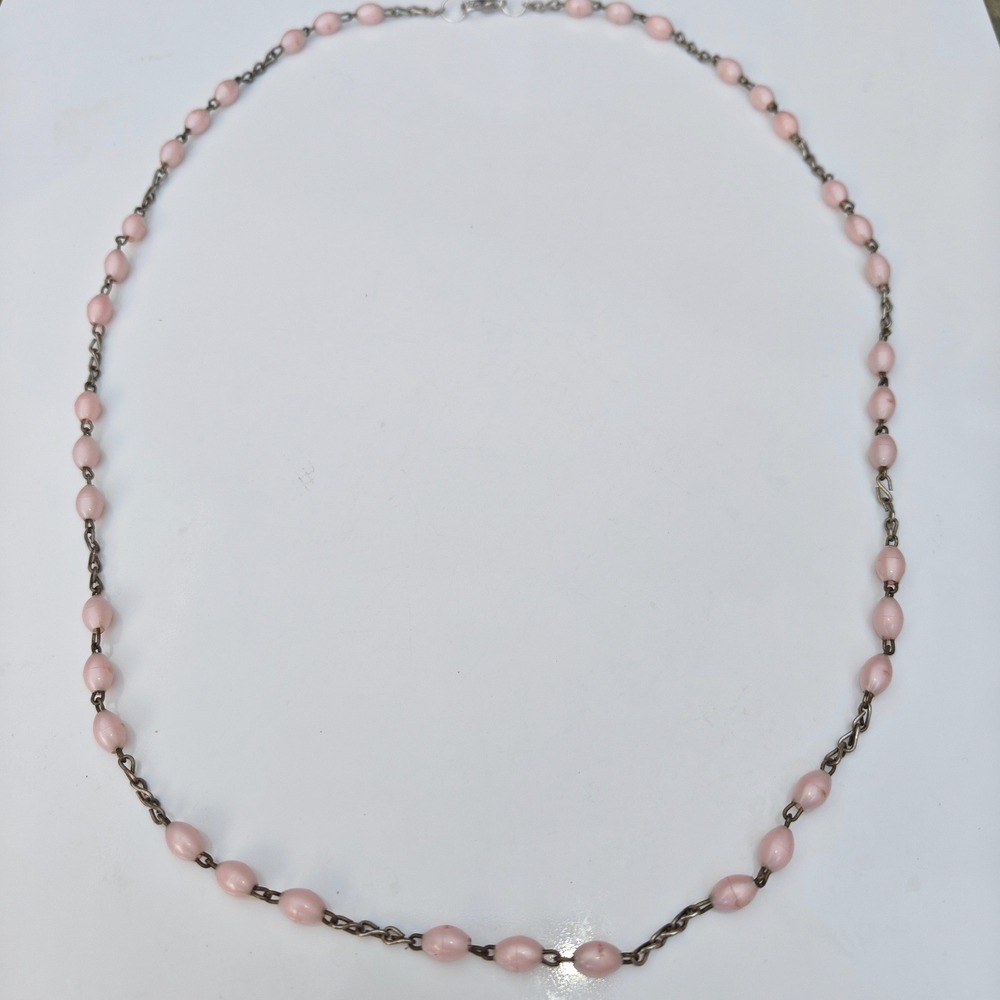 Vintage Style Pink Oval Bead Station Necklace Metal Bronze Tone Chain Plastic